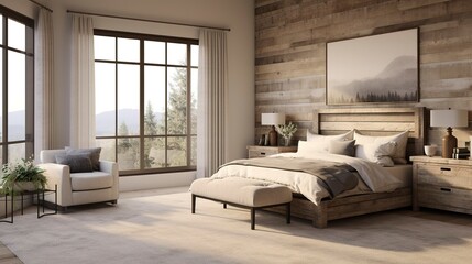 Obraz premium A photo of a modern farmhouse bedroom with reclaimed