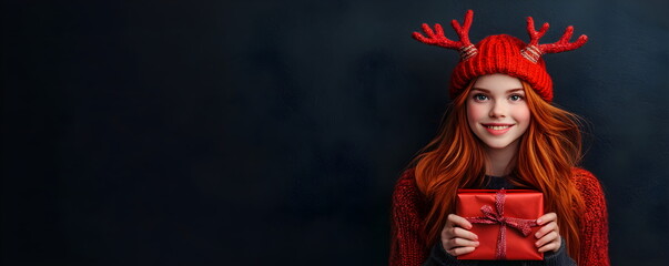 Red-haired girl in a funny hat with horns holds a red gift in her hands on a black background. Congratulatory banner copyspace.