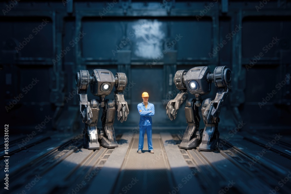 Poster A miniature worker stands between two robots in a dark industrial setting.