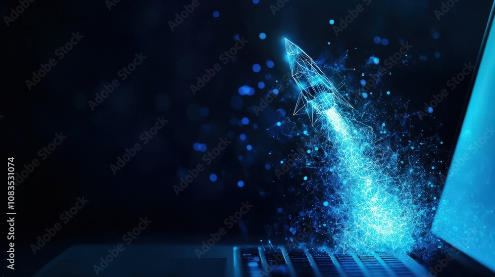 Poster digital rocket launching from laptop symbolizing innovation and progress in technology.
