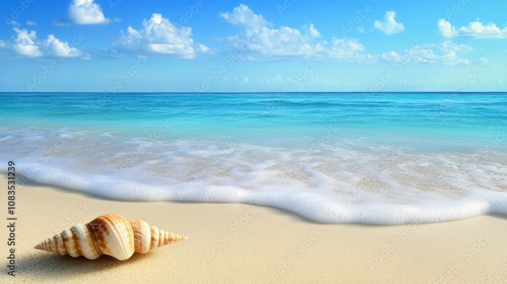 Poster A beautiful seashell lies on soft sand while calm waves roll in, creating a serene atmosphere at the beach on a sunny day. Generative AI