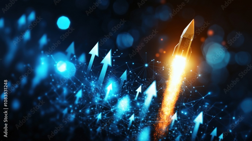 Poster dynamic rocket launch illustration showing growth and progress with upward arrows.