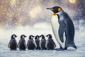 Obraz premium Family of Penguins Huddled in Icy Environment