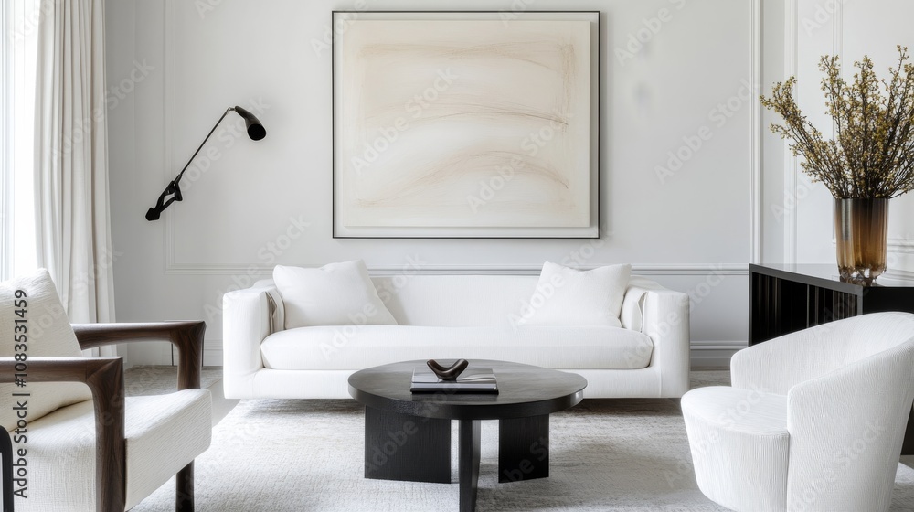 Poster an elegant and modern living room design with a white canvas backdrop, thoughtfully selected minimal