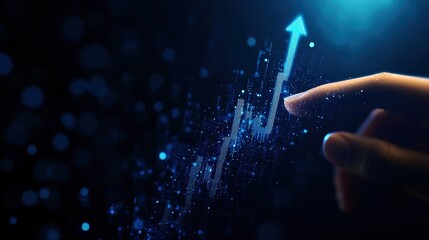 Futuristic digital growth concept with upward arrow and holographic interface.
