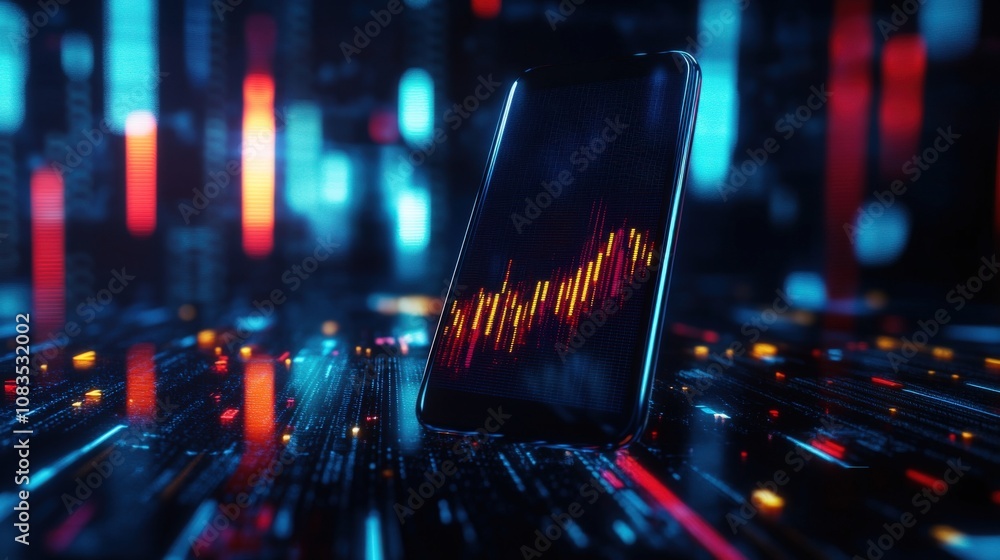 Poster futuristic digital interface with glowing data and a smartphone displaying graph analytics.