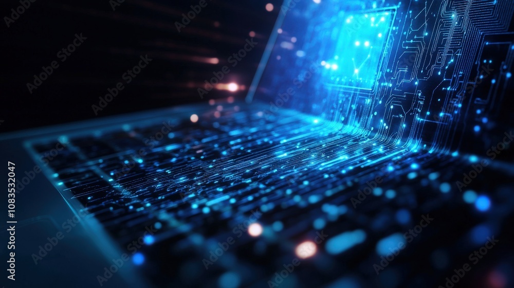 Poster futuristic digital interface with glowing data streams on a keyboard, symbolizing advanced tech.