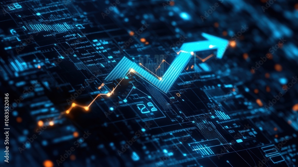 Poster futuristic digital interface with growth arrow symbolizing data and technology evolution.