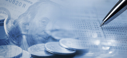 Business, finance, accounting and banking. Financial, investment background. Coins and USD banknote...