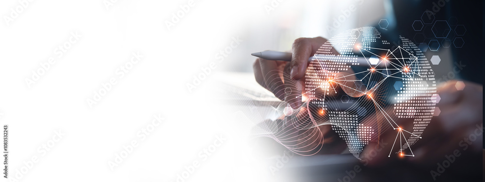 Poster abstract technology background, internet global network connection, digital transformation concept. 