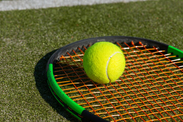 tennis background Close-up shots of tennis balls in tennis courts With a mesh as a blurred...