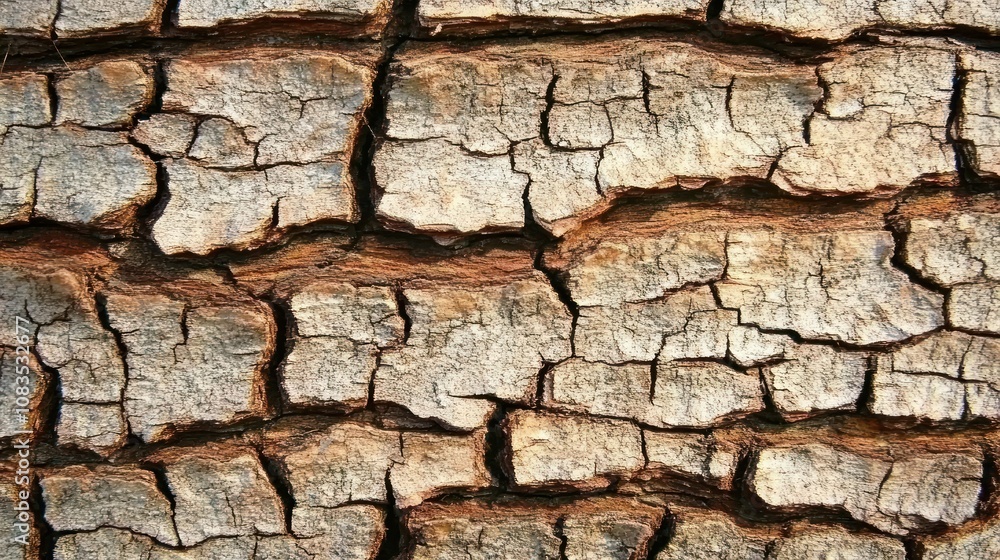 Poster Close-up view of cracked and textured tree bark, showing intricate patterns and earthy tones.