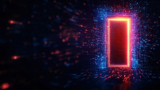 Futuristic glowing doorway amidst digital particles, symbolizing innovation and opportunity.