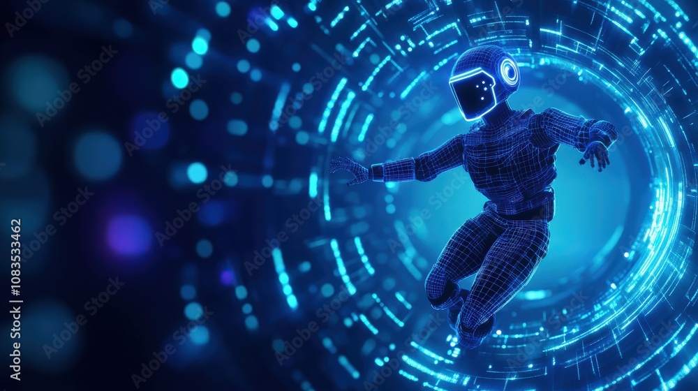 Poster futuristic virtual reality concept with a person immersed in a digital world of data and light.