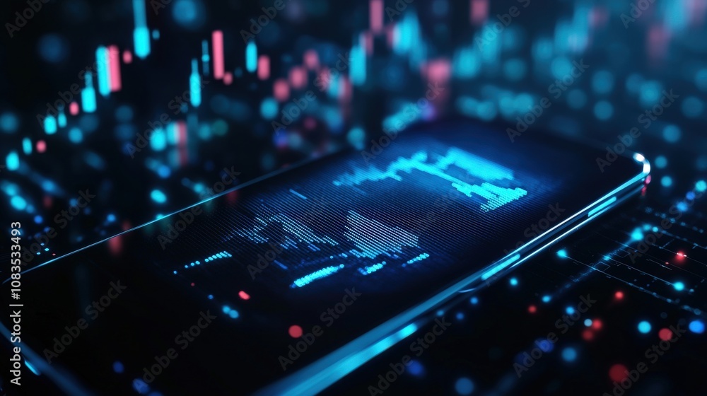 Aufkleber futuristic smartphone with digital charts and glowing data analytics.