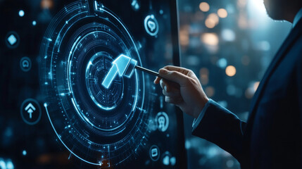 A businessman taps a hammer icon on a screen, representing winning a bid in an online auction. This futuristic concept highlights the competitive nature of property auctions and e-commerce bidding.