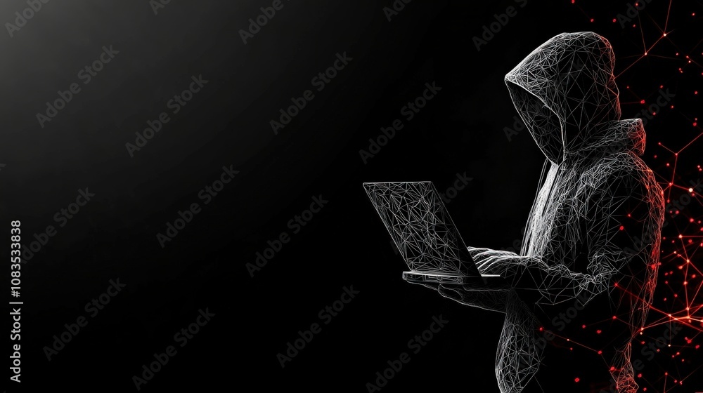 Poster hacker in dark hood using laptop with digital code background, cyber security concept.
