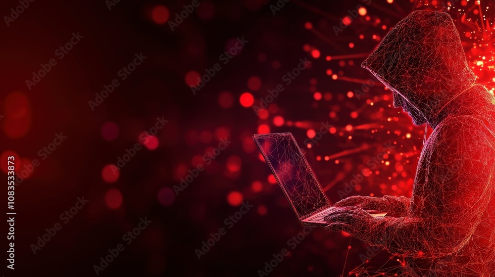 Aufkleber hacker in a dark hoodie typing on a laptop with digital red abstract background.