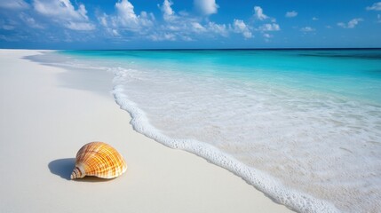 Obraz premium A solitary seashell lies on a sandy beach as waves gently lap at the shore under a bright blue sky. Generative AI
