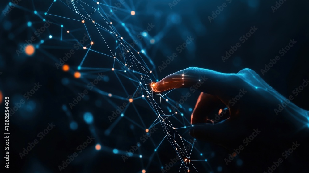 Poster hand interacts with digital network, glowing lines and nodes, abstract tech concept.