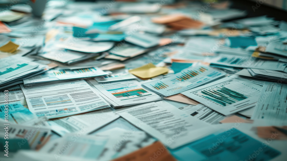 Poster aerial view of disorganized business documents and reports in a chaotic office space highlighting th