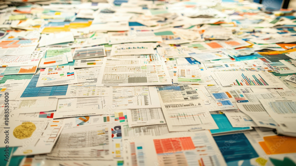 Poster aerial view of a large mixed collection of business reports, charts, graphs, and documents spread ou