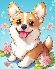 A cheerful corgi surrounded by flowers on a vibrant blue background.