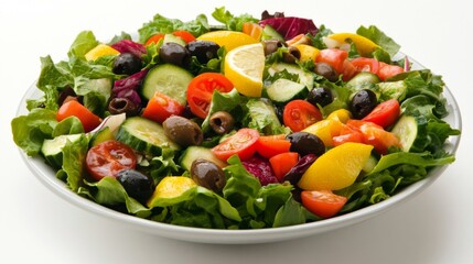 Fresh Green Salad with Tomatoes, Cucumbers, Olives, and Lemon