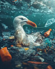 A seagull swims amidst ocean pollution, highlighting environmental challenges.