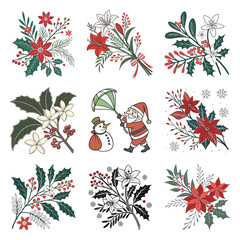 Merry Christmas Logo and Ornament holly sprig Winter plants.