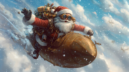 Santa Claus soaring through the sky on a steampunk-inspired rocket sleigh, surrounded by festive gifts and whimsical clouds, capturing the magic of Christmas adventure.