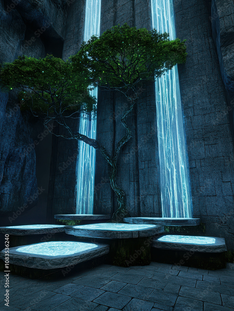 Poster enchanted waterfall and luminous tree in a mystic cave setting with glowing rocks surrounded by anci