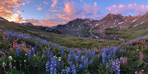 Obraz premium High-altitude lake surrounded by alpine meadows filled with spring flowers, with the sunrise casting a warm glow on the rugged mountains.