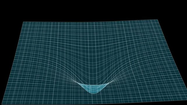 3D wireframe grid surface deforms into a smooth depression, creating a gravitational well-like visualization against a dark background with teal-colored lines forming a dynamic mesh pattern.
