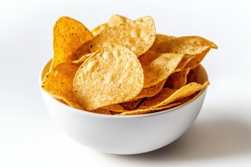 A bowl filled with crispy, golden tortilla chips on a white background.
