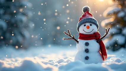 Fototapeta premium Festive Christmas & New Year Greeting Card: Happy Snowman in a Winter Wonderland
