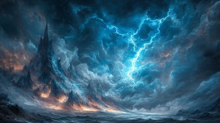Dramatic Mountain Range with Lightning Storm and Ocean