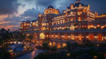 Fototapeta premium Luxurious hotel illuminated at dusk with palm trees and water features.