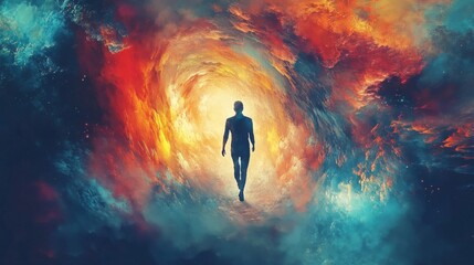 A Silhouette of a Person Walking Towards a Glowing Portal in a Cosmic Landscape