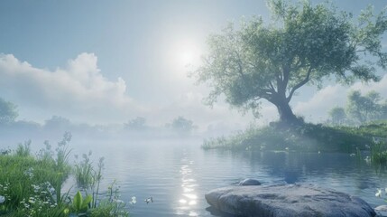A solitary tree stands on a misty riverbank, bathed in the soft light of the morning sun.