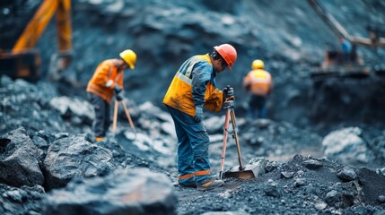 A close-up of mining workers and geologists inspecting rock formations with geological tools and safety equipment, representing the integration of geology and safety in modern mining practices