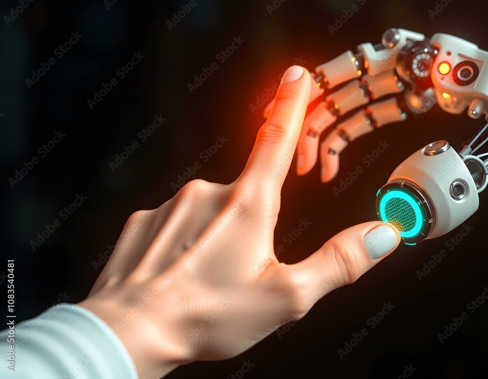 Poster Futuristic Human and Robot Finger Touch Emphasizing Ethical Codes with Holographic Scales Symbolizing AI Insights