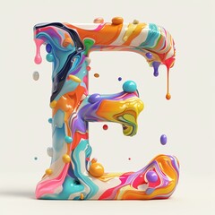A vibrant, colorful letter E made from dripping paint. The letter is rendered in a 3D style with a glossy finish.