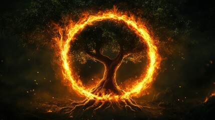 Fototapeta premium A Tree Surrounded by a Ring of Fire