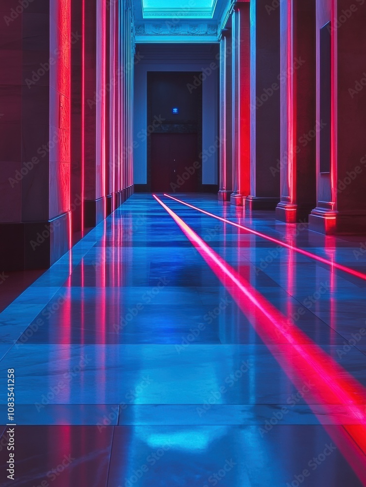 Poster a corridor bathed in red laser beams creates a captivating ambiance, showcasing a striking interplay
