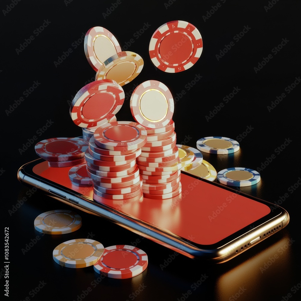 Poster A 3D image showing a smartphone and chips, representing the idea of online gambling. The background is black.