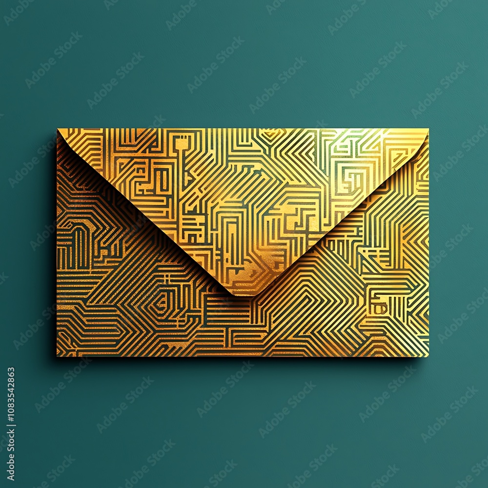 Poster elegant gold envelope with intricate pattern design on a teal background ideal for celebratory invit