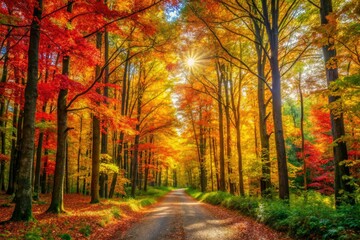 Obraz premium Vibrant Autumn Forest Path with Colorful Leaf Transitions in Panoramic View