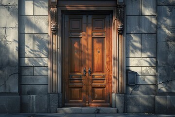 An elegant wooden door framed by a textured stone wall, casting gentle shadows.