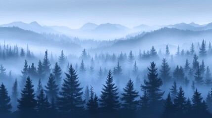 Misty Forest with Silhouetted Pine Trees and Distant Mountains